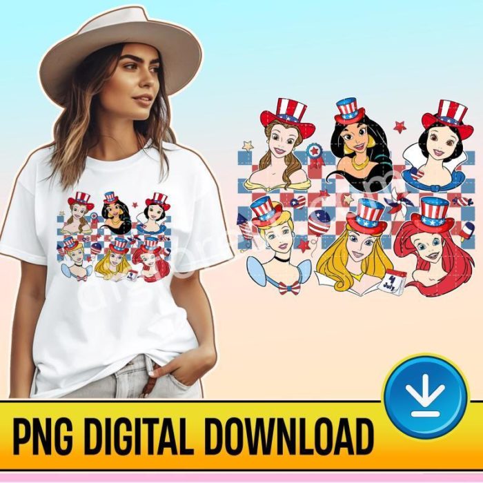 Disney Princess 4th Of July Checkered PNG File | Fourth Of July | American Princess Instant Download | Independence Day | Ariel Shirt | Belle Shirt