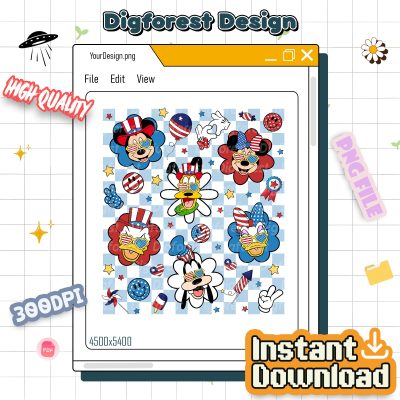 Mickey & Friends 4th of July Checkered PNG | Mickey Minnie Patriotic Sublimation | Independence Day Design