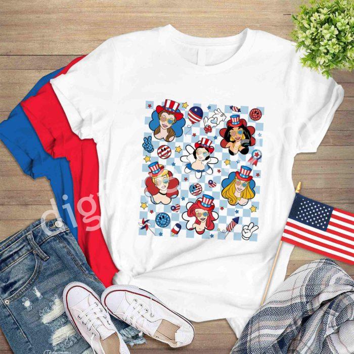 Disney Princess 4th Of July Checkered Png | Princess 4th Of July Digital Download | Fourth Of July Tee | American | Princess Aurora | Belle | Ariel