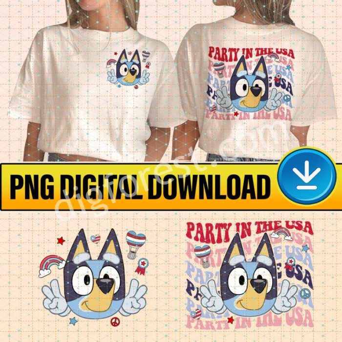 Bluey Party In The USA Png File | Red White and Bluey Shirt | Bluey and Bingo 4th July Instant Download | Bluey Toddler Bluey Heeler Family