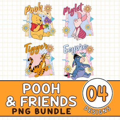 Disney Retro Winnie The Pooh Floral PNG Bundle, Pooh And Friends PNG, Pooh Bear, Tigger, Eeyore, Piglet, Sublimation Designs, Cricut Cut Files