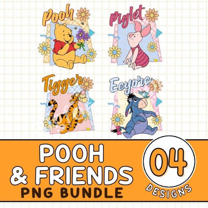 Disney Retro Winnie The Pooh Floral PNG Bundle, Pooh And Friends PNG, Pooh Bear, Tigger, Eeyore, Piglet, Sublimation Designs, Cricut Cut Files