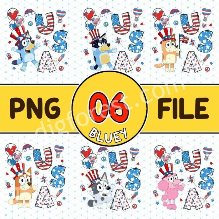 Bluey 4Th Of July Png Bundle | Bluey Family 4Th Of July Sublimation | Red White And Bluey | American Usa Flag Png | Instant Digital Download