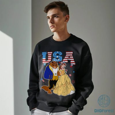 Disney Beauty and the Beast 4th of July PNG | Belle & Beast Couple | USA Flag Sunglasses | Matching Family