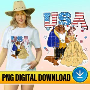 Disney Beauty and The Beast 4th Of July Png, Belle and Beast Couple, Matching Family 4th of July, 4th of July Png, USA Flag Sunglasses, Instant Download