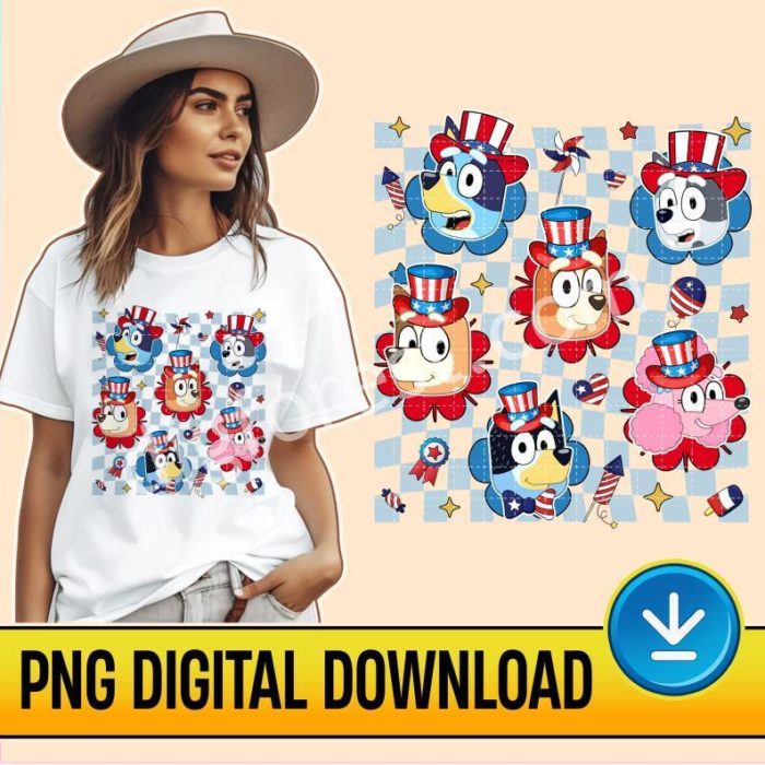 Bluey 4th of July 2023 Png | Bluey Checkered 4th of July | Bluey And Bingo | Bandit Heeler Shirt Heeler Family Shirt Bluey Birthday Shirt | Bluey Instant Download