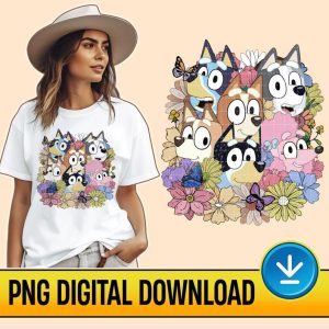 Vintage Floral Bluey and Friends Png File, Bluey Family Png, Bluey Birthday Shirt, Heeler Family T-Shirt, Bingo Shirt, Bandit Shirt, Instant Download