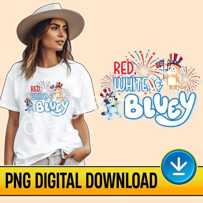 Red White and Bluey Png | Bluey and Bingo 4th July Png | Bluey Toddler Shirt | Bluey Fourth of July Bluey Fireworks Shirt Heeler Family