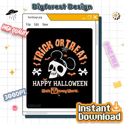 Disney Mickey Skull Halloween PNG, Mickey Skeleton Trick or Treat Clipart, Spooky Disneyland Shirt Design PNG