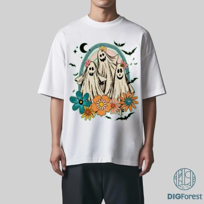 Cute Floral Ghost PNG – Boo PNG, Retro Halloween PNG, Kid Shirt Design, Spooky Fall Sublimation Design