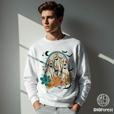 Cute Floral Ghost PNG – Boo PNG, Retro Halloween PNG, Kid Shirt Design, Spooky Fall Sublimation Design