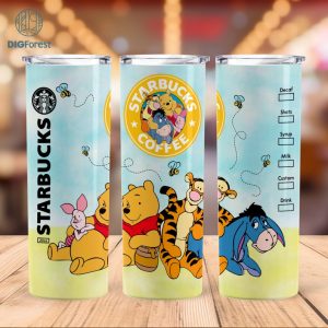 Disney Pooh and Friends Coffee 20 oz Skinny Tumbler Sublimation Design | Pooh Bear Straight & Tapered Tumbler Wrap | Instant Digital Download