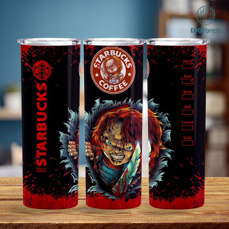Chucky Coffee 20 oz Skinny Tumbler Sublimation Design | Horror Halloween Straight & Tapered Tumbler Wrap | Instant Digital Download