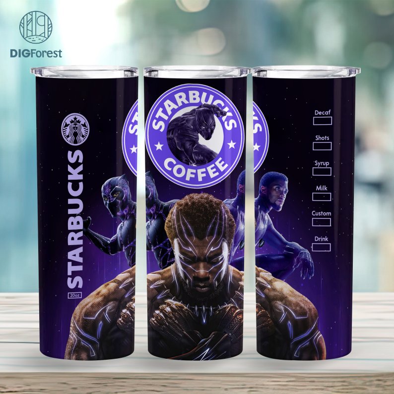 Black Panther Coffee 20 oz Skinny Tumbler Sublimation Design | Superhero Straight & Tapered Tumbler Wrap | Instant Digital Download