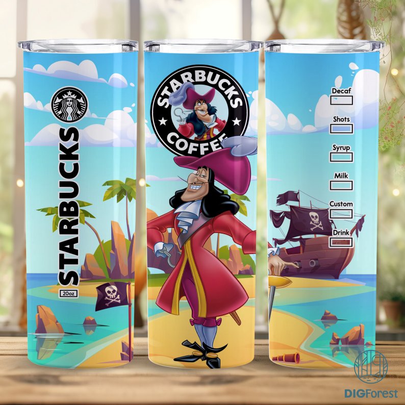 "Disney Captain Hook Coffee 20 oz Skinny Tumbler Sublimation Design | Captain Peter Pan Straight & Tapered Tumbler Wrap | Instant Digital Download "