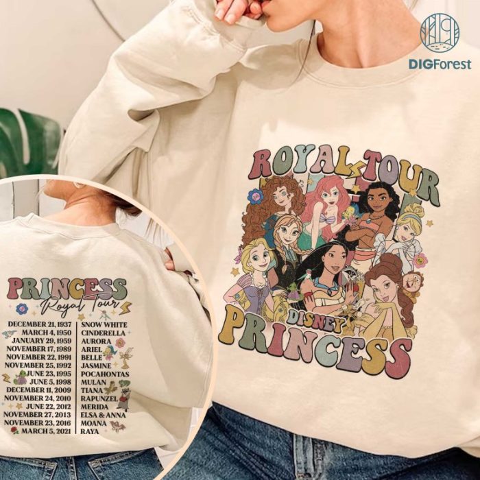 Vintage Disney Princess Royal Tour Shirt, Two-sided Floral Princess Characters Concert Music Shirt, Disneyland Girl Trip 2023 Shirt, Vintage Disneyland Princess Royal Tour Png