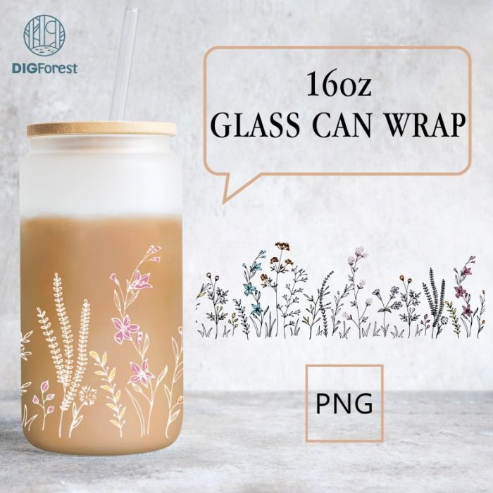 Glass Can Wrap Png | Wildflowers Can Glass Wrap | 16oz Glass Can Wrap Instant Download | Flower PNG | Floral Tumbler png | Wildflower png