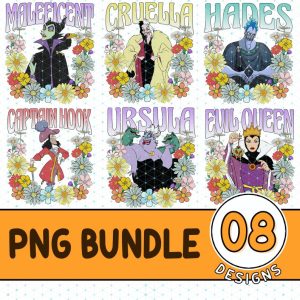 Retro Floral Villains PNG Bundle, Villains Characters Digital Print, Villains Wicked, Villain Gang, Bad Witches Flower Family Vacation