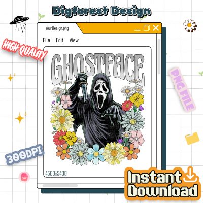 Vintage Horror Characters PNG – Floral Halloween Design, Scary Movie Characters, Horror Friends Digital Print