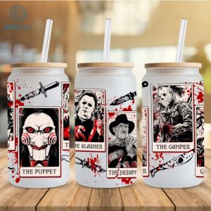 Halloween 16 Oz Glass Cup, Horror Character Tarrot Cards Glass Can Wrap Png, 16oz Libbey Glass Can Wrap, Horror Tarot Deck, Michael Myers