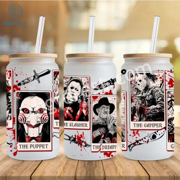 Halloween 16 Oz Glass Cup, Horror Character Tarrot Cards Glass Can Wrap Png, 16oz Libbey Glass Can Wrap, Horror Tarot Deck, Michael Myers