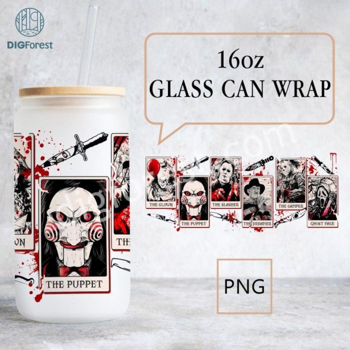 Halloween 16 Oz Glass Cup, Horror Character Tarrot Cards Glass Can Wrap Png, 16oz Libbey Glass Can Wrap, Horror Tarot Deck, Michael Myers