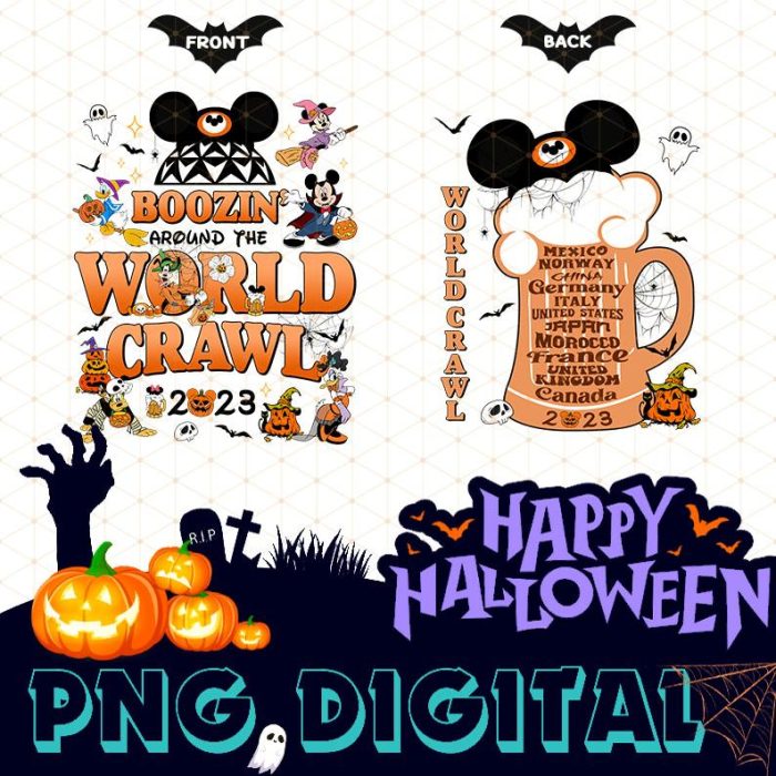 Disney 2-Sided Boozin' Around The World Crawl Halloween Png, Mickey & Friends Halloween Png, Epcot Drinking Around The World Halloween Png