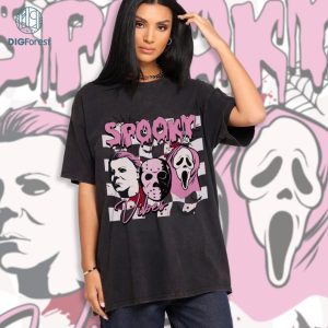 Horror Characters Checkered Spooky Vibes Shirt | Horror Halloween Shirt | Horror Characters Png | Michael Myers Ghost Face Jason Voorhees Png | Scary Movie Shirt