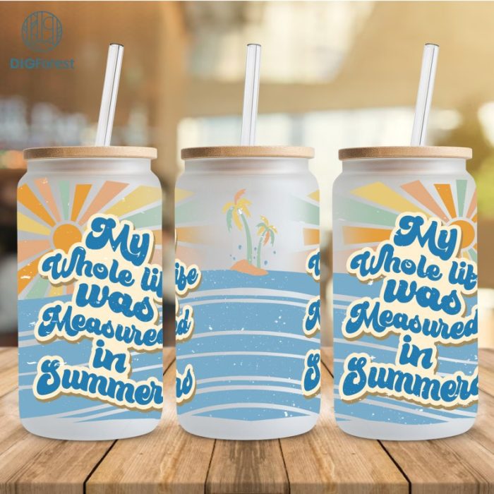 Retro Sunshine Cousins Beach Can Wrap Png, My Whole Life Was Measured In Summers, Summer I Turned Pretty Png, 16oz Libbey Glass Can Wrap