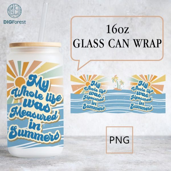 Retro Sunshine Cousins Beach Can Wrap Png, My Whole Life Was Measured In Summers, Summer I Turned Pretty Png, 16oz Libbey Glass Can Wrap