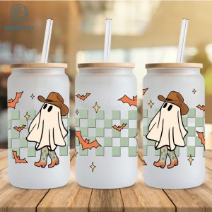 Howdy Ghouls Checkered Libbey Can Wrap, Cowboy Ghost Png, Spooky Season, Ghost PNG, Western Halloween Printable, 16oz Libbey Glass Can Wrap