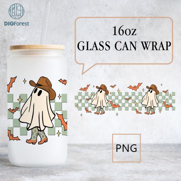 Howdy Ghouls Checkered Libbey Can Wrap, Cowboy Ghost Png, Spooky Season, Ghost PNG, Western Halloween Printable, 16oz Libbey Glass Can Wrap