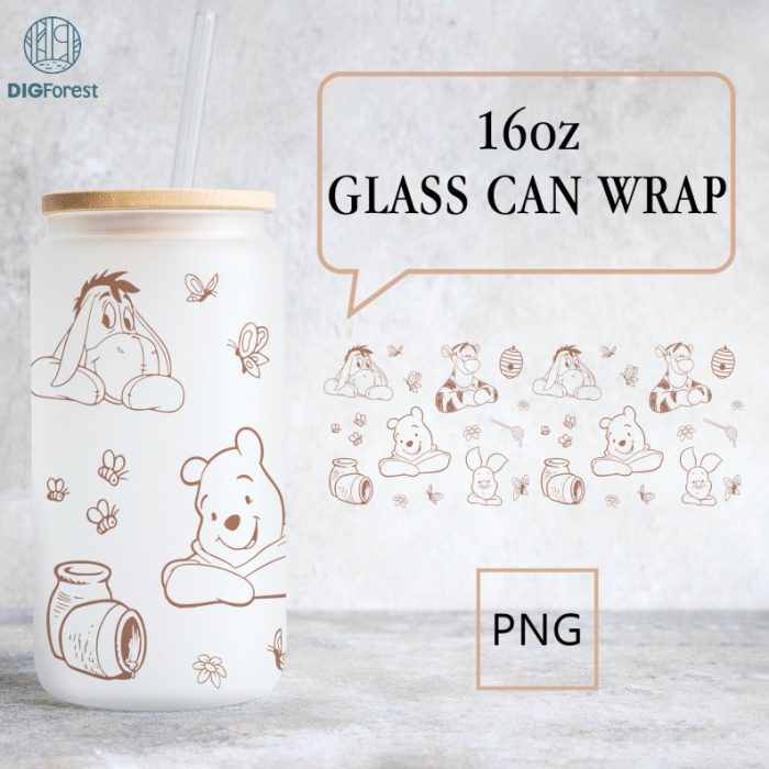 Disney Pooh Glass Can Wrap Png, 16oz Libbey Glass Can Wrap, Pooh Tigger Eeyore Png, Pooh and Friends Png, Libbey Glass Wrap, Sublimation Designs