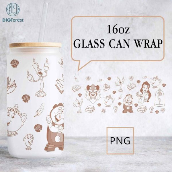 Disney Belle and Beast 16oz Glass Can Wrap | Beauty Beast Coffee Png | Priness Glass Can Png | 16oz Libbey Glass Can Wrap | Sublimation Png File