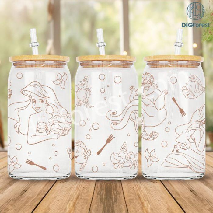 Disney Ariel Mermaid 16oz Libbey Glass Sublimation Design, Ariel, Flounder, and Sebastian Glass Can Tumbler Wrap, Princess PNG Digital Download