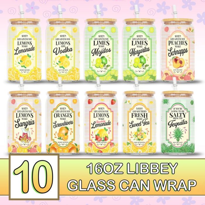 Bundle Lemonade Label, Tequila Label, 16 oz Libbey Glass Can Wrap Bundle Png, Margarita, Vodka Label, When life gives you Lemons, Png Files