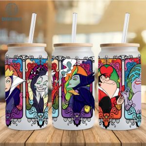 Disney Villains Libbey Can Png, 16Oz Glass Can Wrap, Halloween Horror Lady Tremaine, Ursula Cruella,Maleficent Evil Coffee Png,Villains Sublimation
