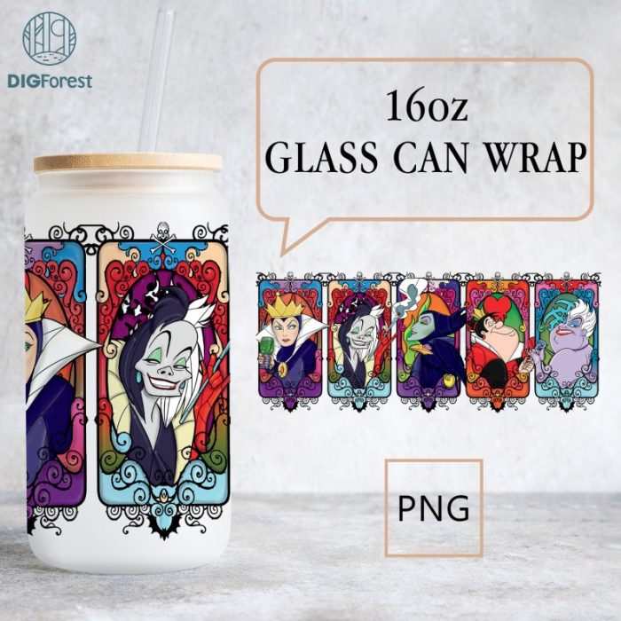 Disney Villains Libbey Can Png, 16Oz Glass Can Wrap, Halloween Horror Lady Tremaine, Ursula Cruella,Maleficent Evil Coffee Png,Villains Sublimation