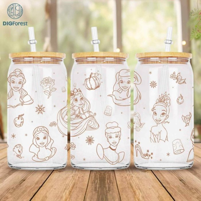 Disney Princess Glass Can Sublimation Design | 16oz Libbey Glass Can Wrap Png | 16 oz Glass Can Png | Cinderellä Ariel Belle Princess Png Download