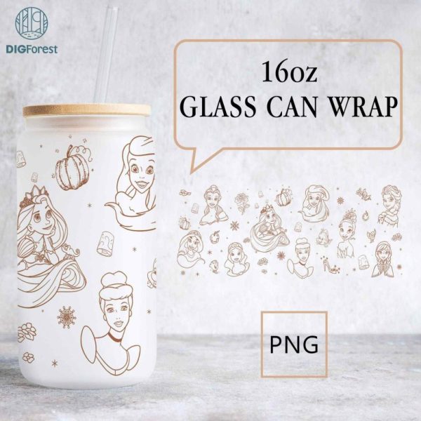 Disney Princess Glass Can Sublimation Design | 16oz Libbey Glass Can Wrap Png | 16 oz Glass Can Png | Cinderellä Ariel Belle Princess Png Download