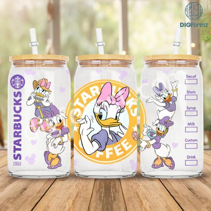 Disney Daisy Duck Coffee 16 oz Libbey Glass Can Sublimation Design PNG, Daisy Duck Tumbler Wrap Png Files For Sublimation, 16oz Glass Can Wrap Png