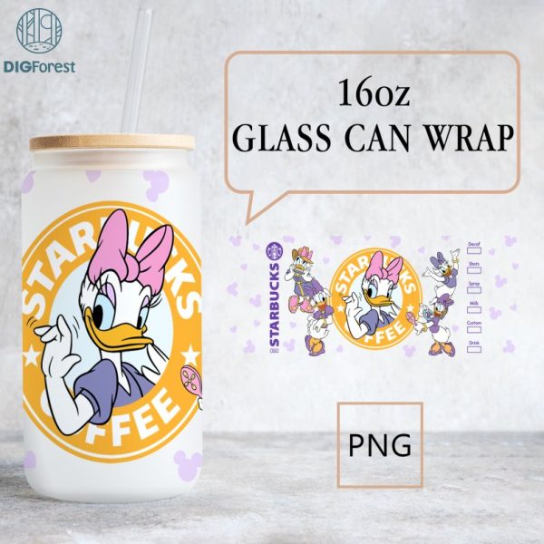 Disney Daisy Duck Coffee 16 oz Libbey Glass Can Sublimation Design PNG, Daisy Duck Tumbler Wrap Png Files For Sublimation, 16oz Glass Can Wrap Png