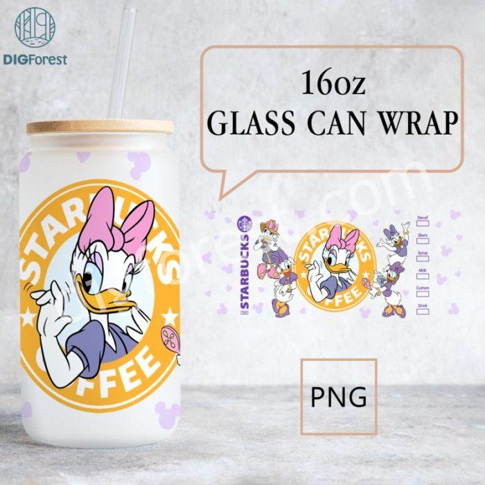 Disney Daisy Duck Coffee 16 oz Libbey Glass Can Sublimation Design PNG, Daisy Duck Tumbler Wrap Png Files For Sublimation, 16oz Glass Can Wrap Png