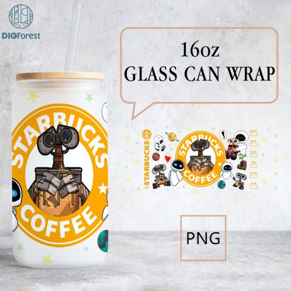 Wall E Glass Can wrap 16oz PNG Digital Download, Wall E and Eve Png, Wall-E Png For Sublimation, Libbey can glass, 16oz glass can Png Design