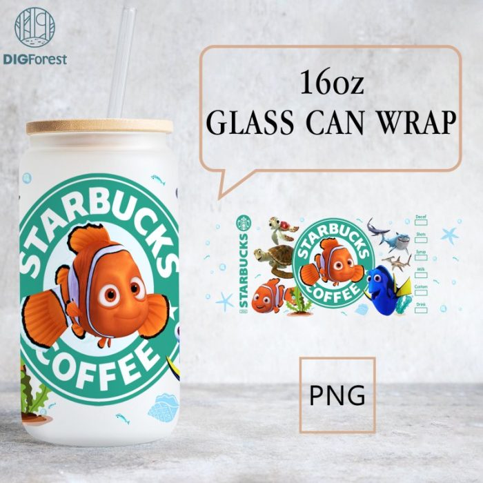 Disney Finding Nemo Glass Can Png, Finding Nemo 16oz glass can wrap Png, Finding Dory, Png Files For Sublimation, 16oz Libbey can glass png