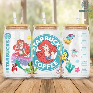 Disney Ariel, Flounder, and Sebastian Glass Can Wrap PNG, Mermaid 16oz Libbey Glass Can Sublimation Design, Princess 16oz iced coffee cup Png