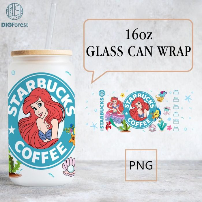 Disney Ariel, Flounder, and Sebastian Glass Can Wrap PNG, Mermaid 16oz Libbey Glass Can Sublimation Design, Princess 16oz iced coffee cup Png