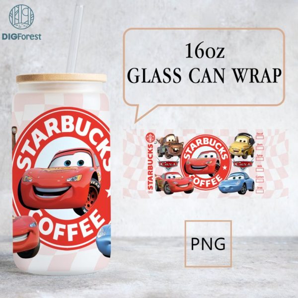 Disney Lightning McQueen Cars 16oz Glass Can Png, Cars 16oz Libbey Glass Can Wrap, Cars Tumbler Wrap iced coffee cup Png, Digital Download