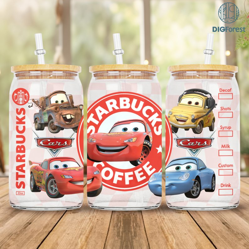 Disney Lightning McQueen Cars 16oz Glass Can Png, Cars 16oz Libbey Glass Can Wrap, Cars Tumbler Wrap iced coffee cup Png, Digital Download