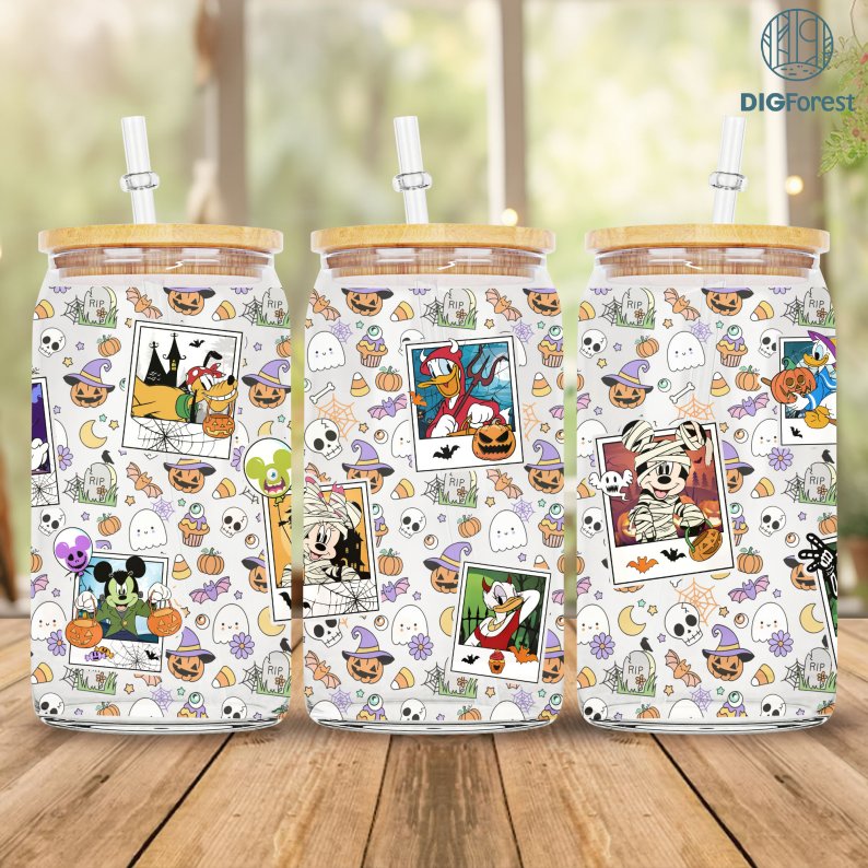 Disney Mickey and Friends Halloween Glass Can Png 16oz Libbey Glass Can Wrap, Disneyland Halloween Coffee Cup PNG, Halloween Tumbler Wrap PNG